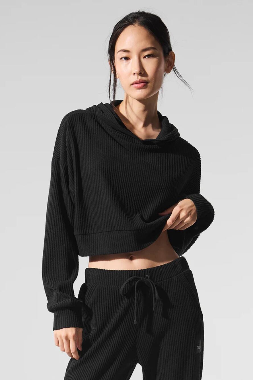 Alo Yoga Muse Hoodie Black Ribbed Cropped Hoodie Women's Sweatshirt